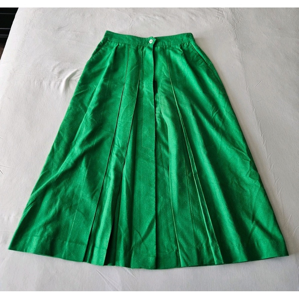 Vtg Liz Claiborne Kelly Green Pleated Hidden Button Silk Midi Skirt 12 - Picture 2 of 16